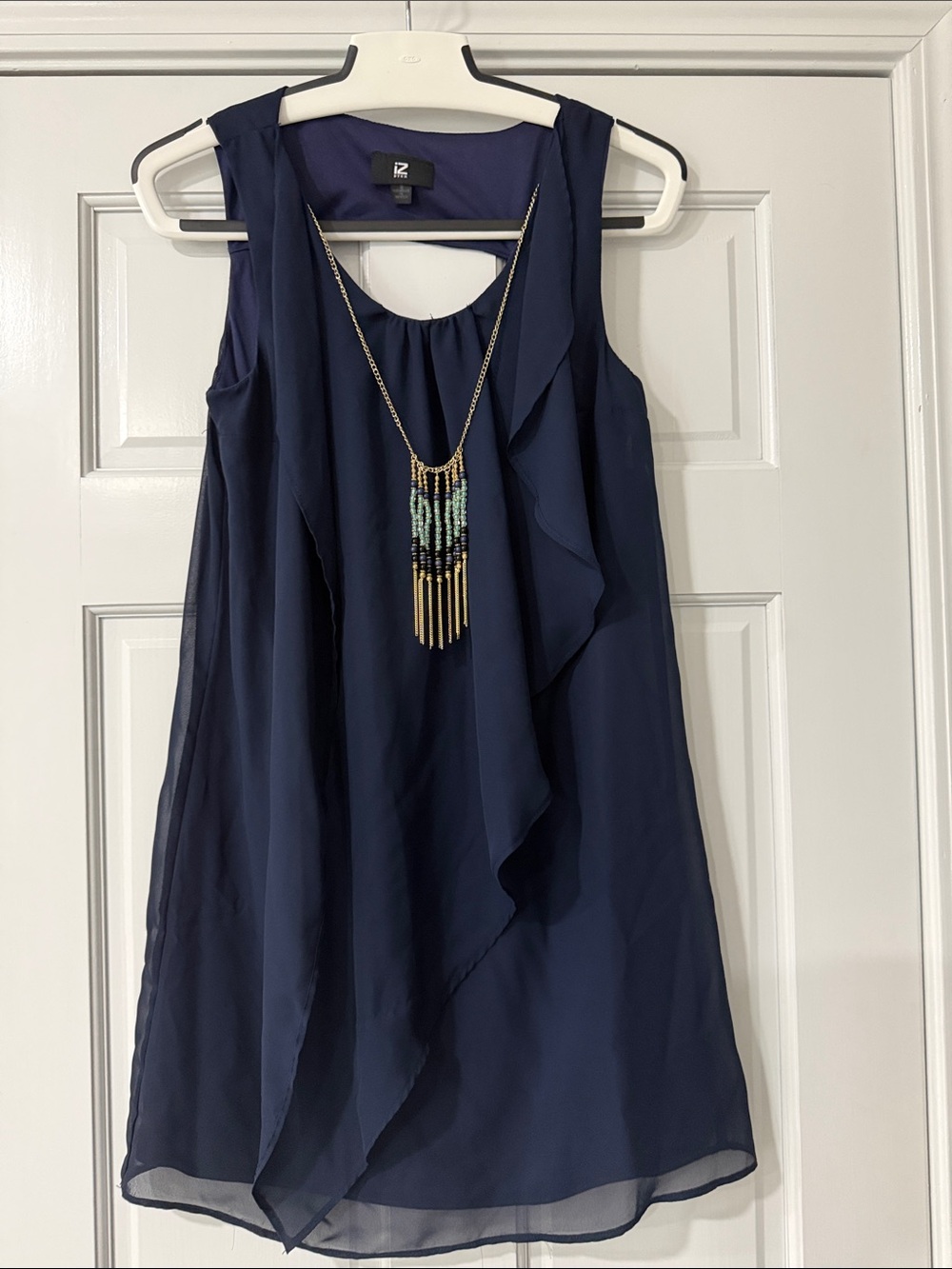 Iz Byer Navy Ruffled Sleeveless Dress Women Size S Attached Beaded Necklace